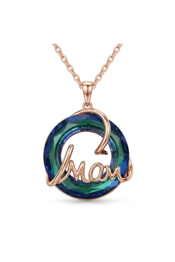 Mom Necklace for Women 925 Sterling Silver Rose Gold Plated Mom Pendant Necklace with Blue Green Circle Crystal, Mother Jewelry Christmas Mother's Day Birthday Gifts for Mother Daughter