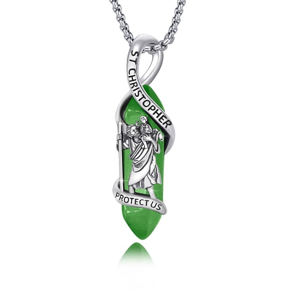 TRISHULA St Christopher Pendant for Men Women 925 Sterling Silver Religious Gifts Saint Christopher Necklace with Green Healing Crystal, Valentine's Gift for Him Her
