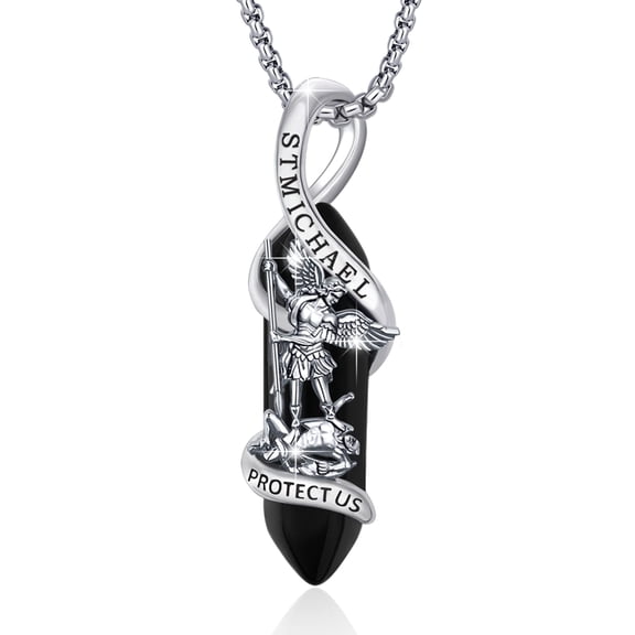 TRISHULA St Michael Pendant for Men 925 Sterling Silver Archangel Saint Michael Necklace with Black Obsidian Healing Crystal, Religious Catholic Protection Amulet Jewelry for Men Dad Son Friend Him
