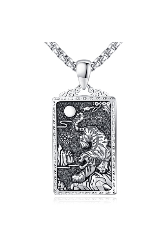 Tiger Necklace 925 Sterling Silver Tiger Pendant Retro 3D Embossed Tiger Medal Necklace Hip Hop Animal Tiger Jewelry Gifts for Men Women Birthday Mother's Day