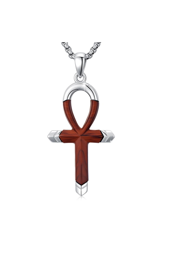 Vintage Ankh Cross Necklace, 925 Silver & Ebony Wood, 22+2 Inch Box Chain, Gift for Dad