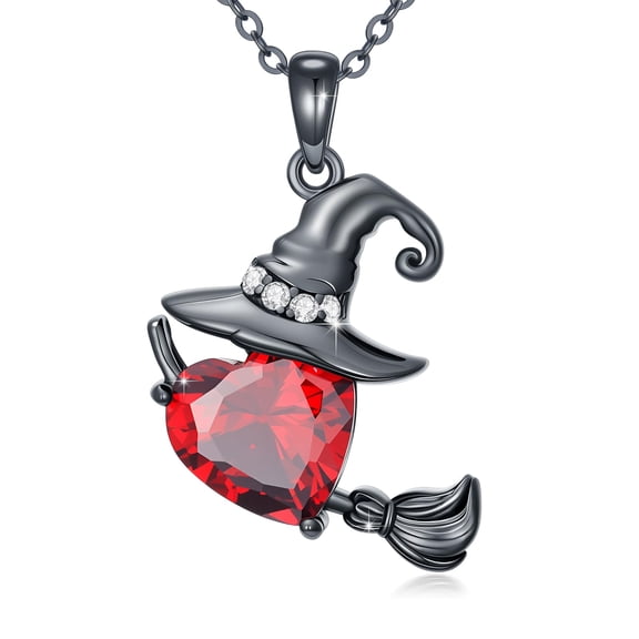 TRISHULA Witch Broom Hat Necklace with Red Crystal Heart, 925 Silver, 18-20 Inch Chain for Women