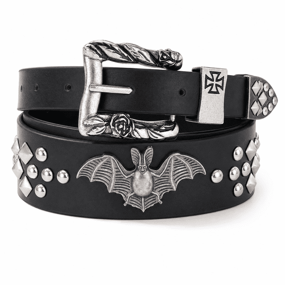 TRISJEM Gothic Bat Belt for Women, Punk Y2K Studded Waist Belt with Rose Buckle & Cross Accent, Double-Sided Halloween Costume & Everyday Streetwear, Black/White, Fits Waist 35"-37"