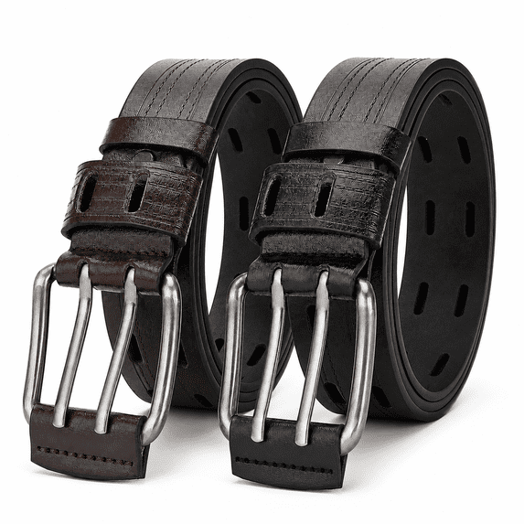 TRISJEM Men's Double Prong Belt, Big & Tall 39"-41" Waist, Textured PU Leather Belt with Breathable Elongated Slots, Adjustable Casual Work Belt for Jeans Work Pants, Black Dark Brown Orange, 3 Color