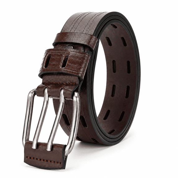 TRISJEM Men's Double Prong Belt, Big & Tall 39"-41" Waist, Textured PU Leather Belt with Breathable Elongated Slots, Adjustable Casual Work Belt for Jeans Work Pants, Black Dark Brown Orange, 3 Color