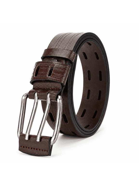 Men's Double Prong Belt, Big & Tall 39"-41" Waist, Textured PU Leather Belt with Breathable Elongated Slots, Adjustable Casual Work Belt for Jeans Work Pants, Black Dark Brown Orange, 3 Color