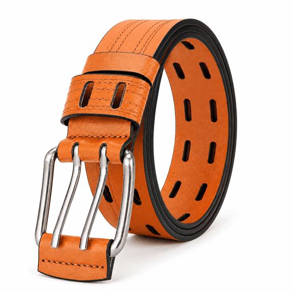 TRISJEM Men's Double Prong Belt, Big & Tall 39"-41" Waist, Textured PU Leather Belt with Breathable Elongated Slots, Adjustable Casual Work Belt for Jeans Work Pants, Black Dark Brown Orange, 3 Color