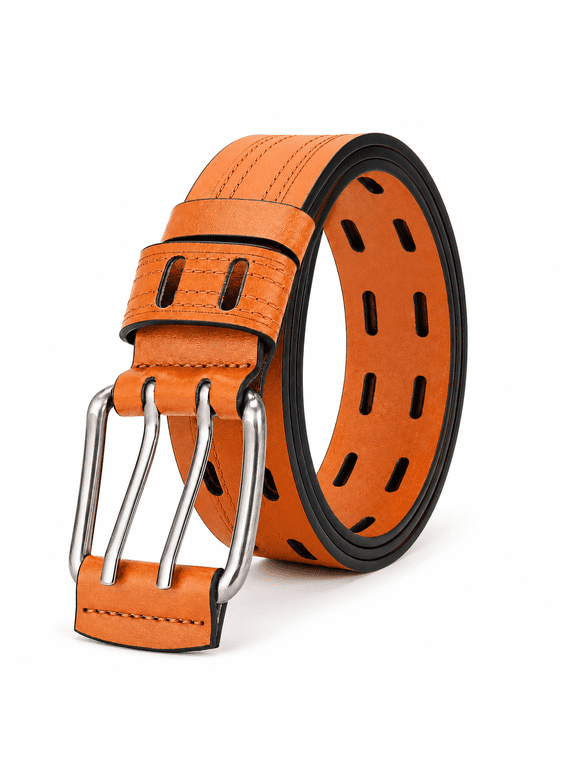 Men's Double Prong Belt, Big & Tall 39"-41" Waist, Textured PU Leather Belt with Breathable Elongated Slots, Adjustable Casual Work Belt for Jeans Work Pants, Black Dark Brown Orange, 3 Color