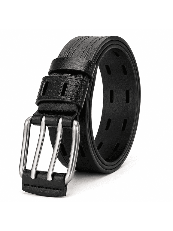 Men's Double Prong Belt, Big & Tall 39"-41" Waist, Textured PU Leather Belt with Breathable Elongated Slots, Adjustable Casual Work Belt for Jeans Work Pants, Black Dark Brown Orange, 3 Color