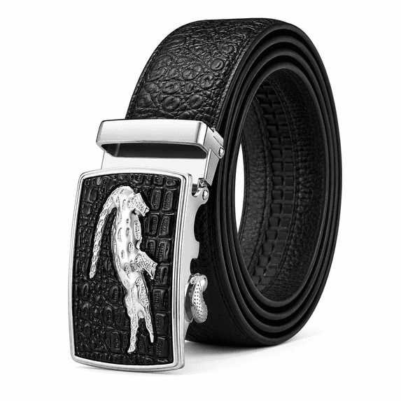 TRISJEM Men's Genuine Cowhide Leather Ratchet Belt with 3D Crocodile Automatic Buckle, Crocodile Embossed No-Hole Dress Belt, 1.38" Wide Adjustable Belt for Jeans, Chinos and Business Casual, Waist 3