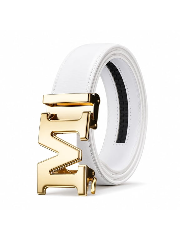 Unisex White M Buckle Belt, PU Leather Fashion Belt with Statement Letter Buckle, Adjustable Waist Belt for Men and Women