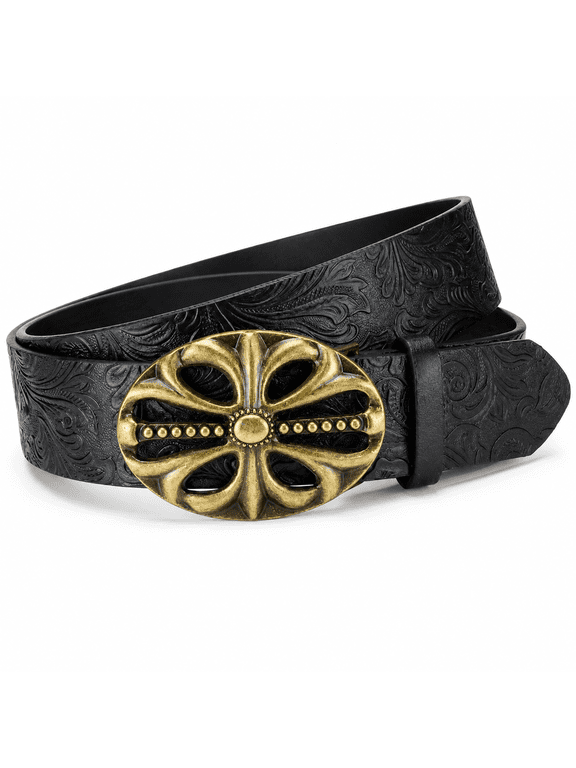Vintage Western Belt for Men Women, Embossed Floral PU Leather with Ornate Sculpted Buckle, Y2K Punk Goth Boho Cowboy Waist Belt for Jeans Concert Festival, Plus Size 35"-41"