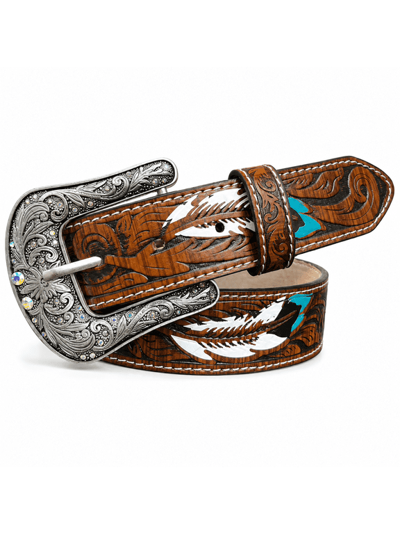 Western Belts for Women, Feather Tooled PU Leather Cowgirl Belt with Turquoise Accent & Rhinestone Buckle, Boho Southwestern Waist Belt for Country Concert Rodeo, 6 Sizes 31"-43"