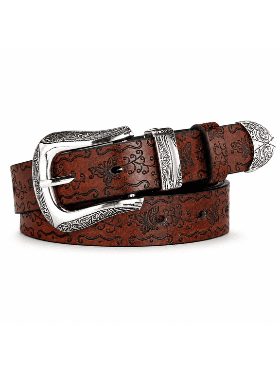 Women’s Western Floral Embossed Belt, Vintage Cowgirl Belt with Engraved Silver Buckle, Floral Tooled Strap for Jeans Dresses Skirts, Brown White, Waist 33”-39”