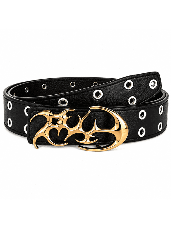 Y2K Punk Studded Belt for Women Men, Hollow Metal Buckle with Pyramid Rivets & Grommet Eyelets, Gothic Grunge Emo Alternative Waist Belt for Concert Festival, Plus Size 35"-45"