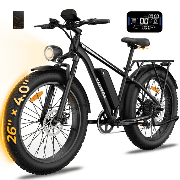 TRIWILL 26"Electric Bike for Adults, 750W Rated E-Mountain Bicycle, 28MPH Class 3 Fat Tire Ebike, 48V 15Ah Removable Battery, 7 Speed and Front Suspension with Rear Rack, UL2849