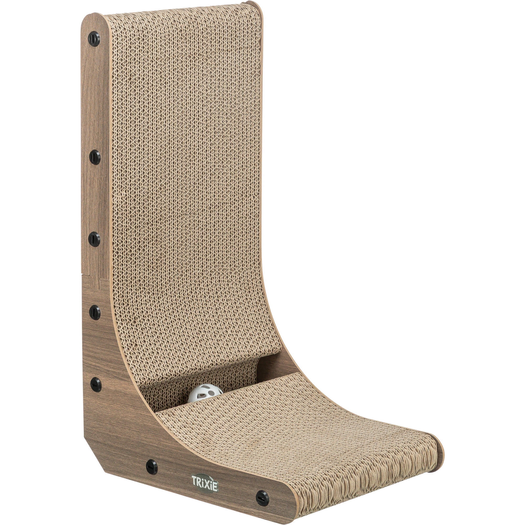 TRIXIE 17.7" L-Shaped Cat Scratching Board with Catnip & Silvervine, Reversible Corrugated Cardboard Scratcher with Built-In Ball Toy, Multi-Angle Scratch Pad