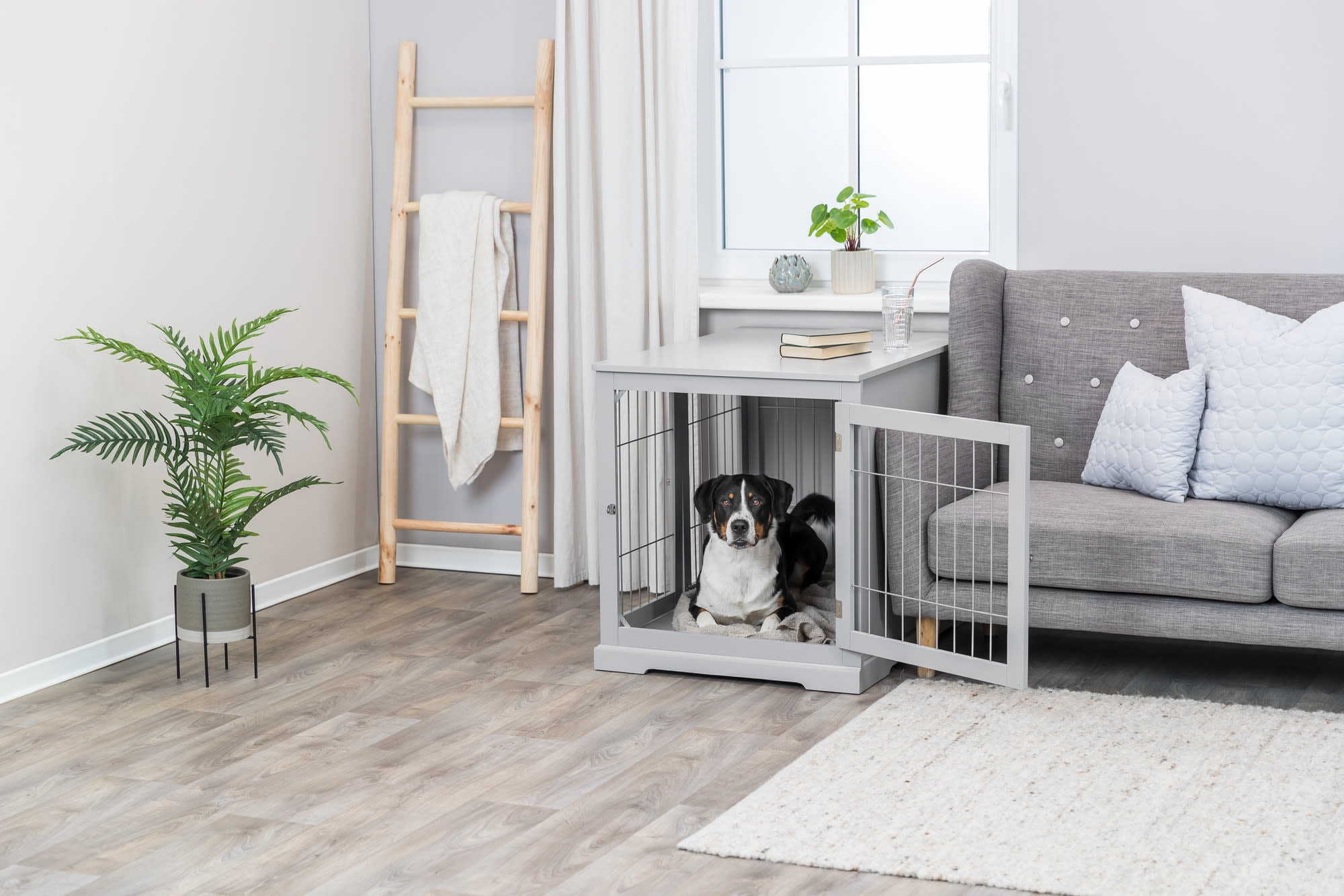 Gray Large Wooden Dog Crate Table with Lockable Doors