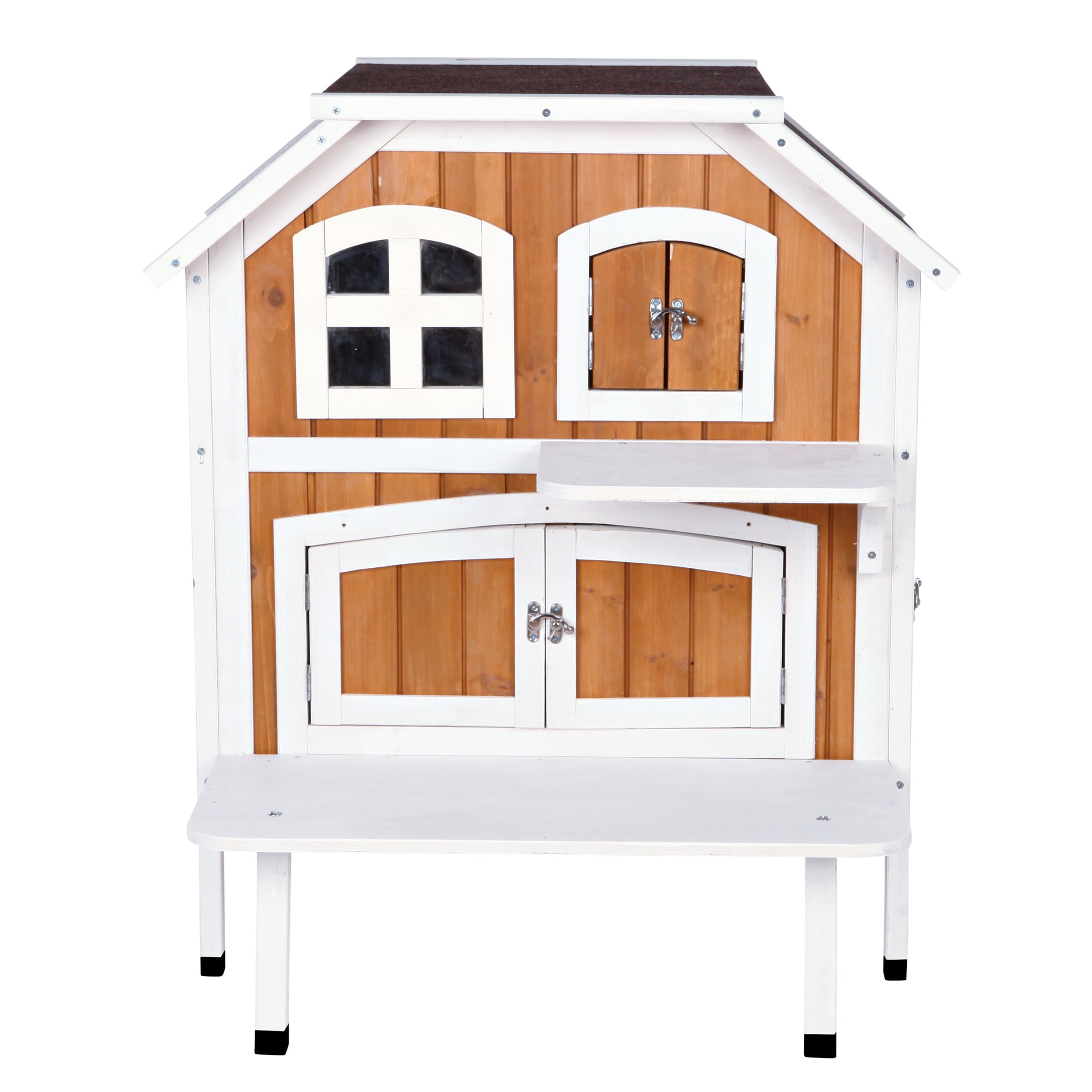 2-Story Weatherproof Brown and White Wooden Outdoor Cat House