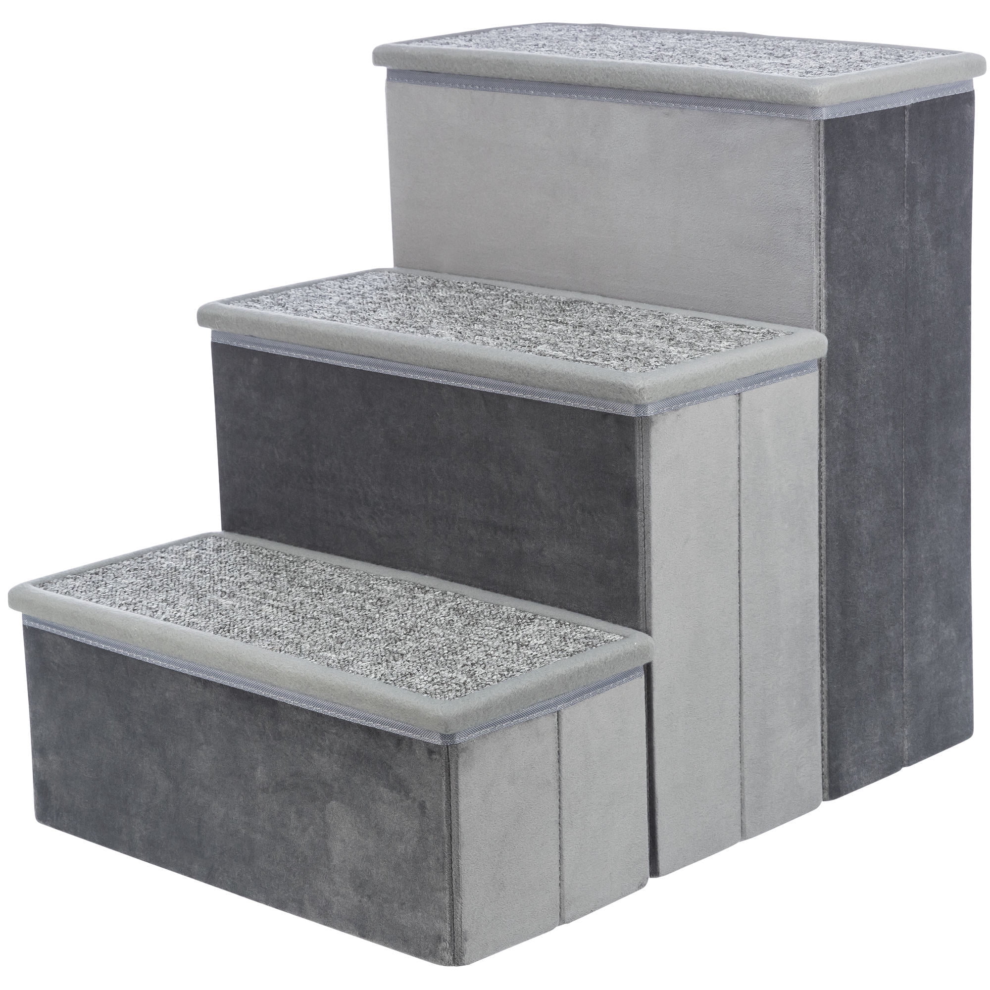 Gray Velour Foldable 3-Step Pet Stairs with Storage
