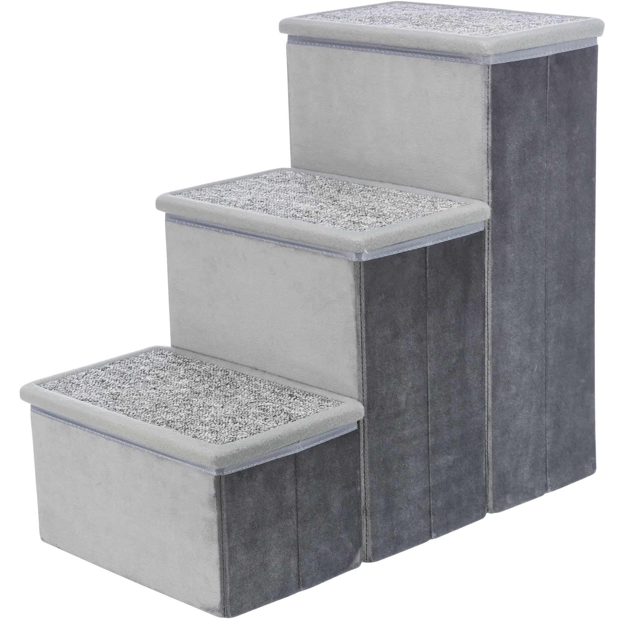 Gray Velour 3-Step Pet Stairs with Storage Compartments