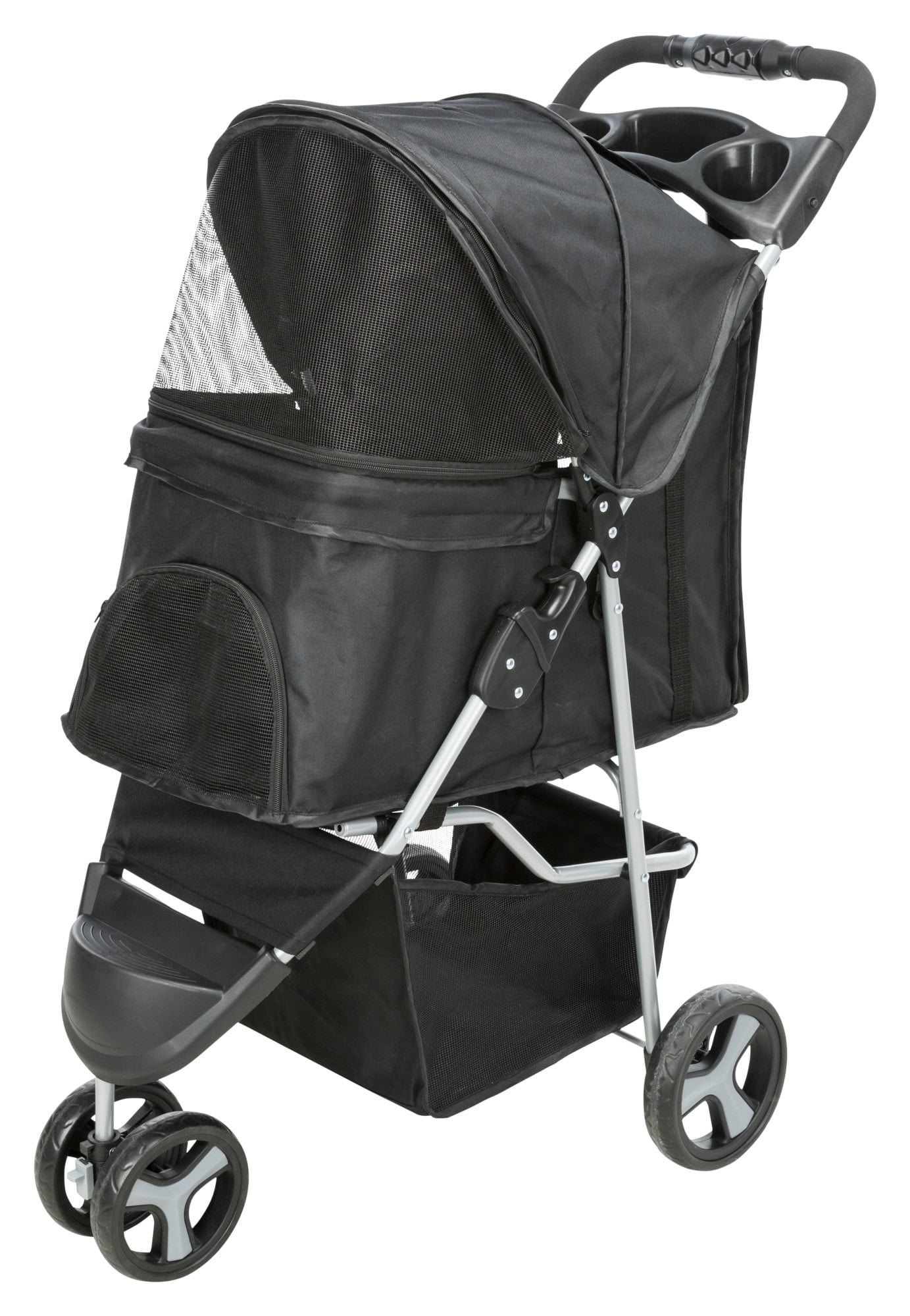 Black Foldable Pet Stroller with Weather Cover and Storage