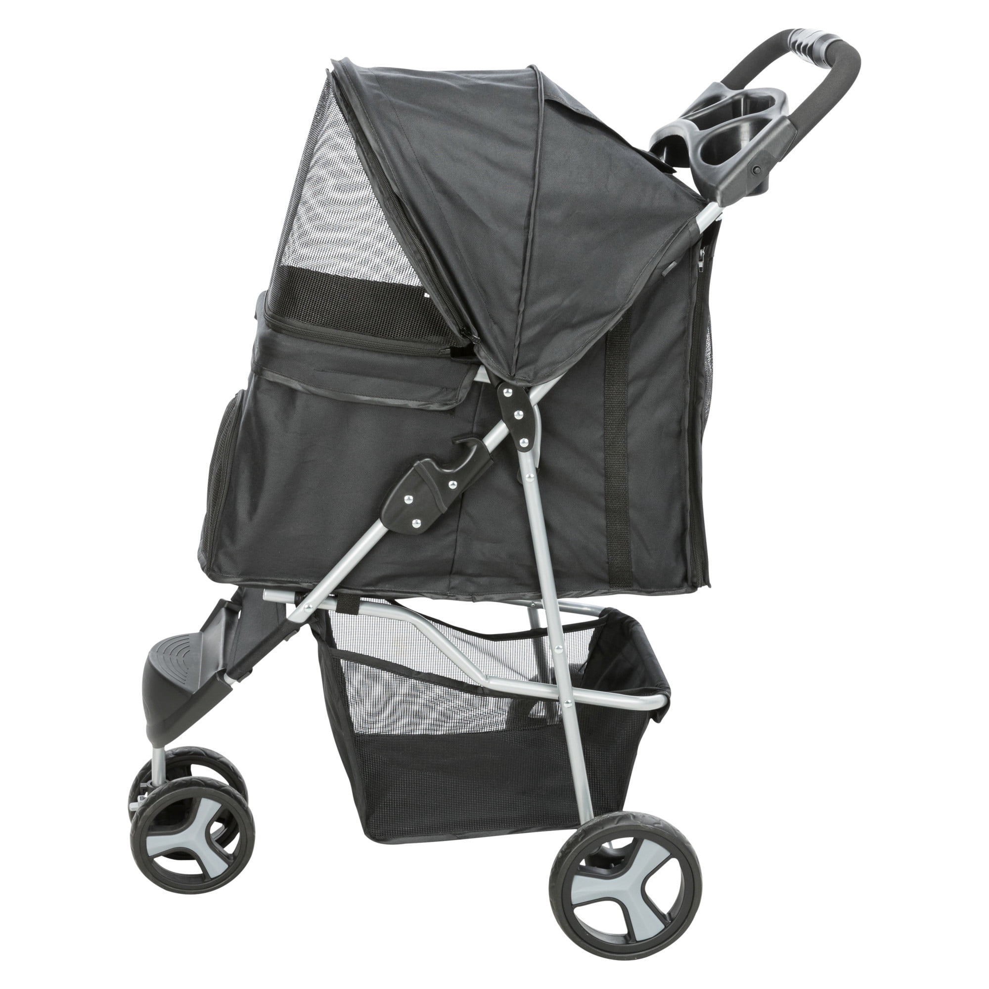 TRIXIE 3-Wheeled Foldable Dog & Cat Stroller with Canopy and Storage Compartments, Black
