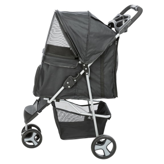 TRIXIE 3-Wheeled Foldable Dog & Cat Stroller with Canopy and Storage Compartments, Black