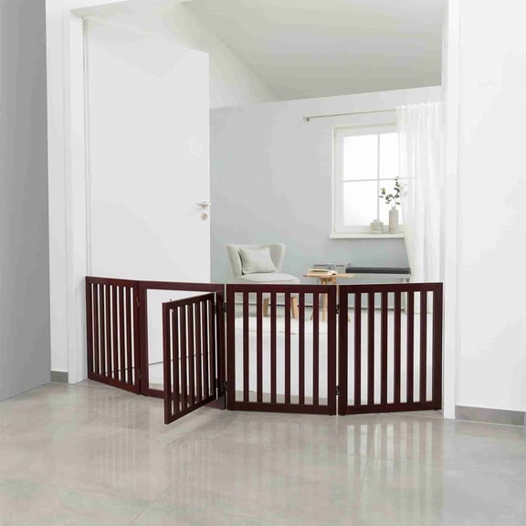 TRIXIE 4-Panel Convertible Wooden 81.2" Freestanding Pet Gate with Pet Door, Brown