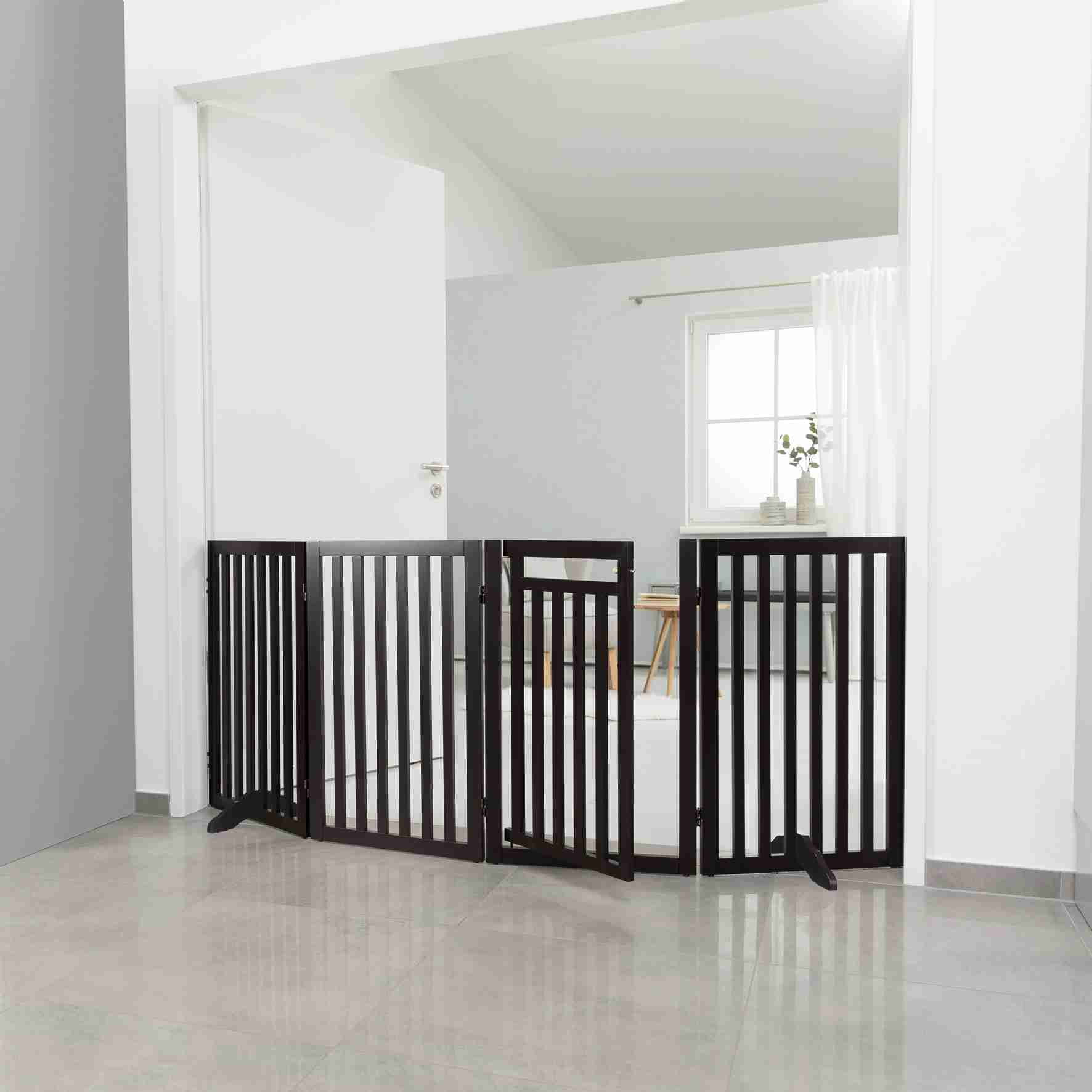 TRIXIE 4-Panel Foldable Wood Freestanding Pet Gate, Walk Thru Door, Expands to 81.2", Brown