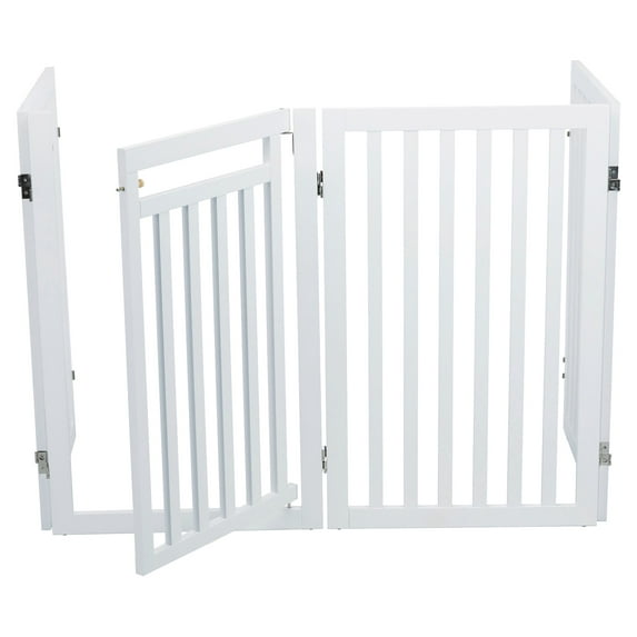 TRIXIE 4-Panel Foldable Wood Freestanding Pet Gate, Walk Thru Door, Expands to 80", White
