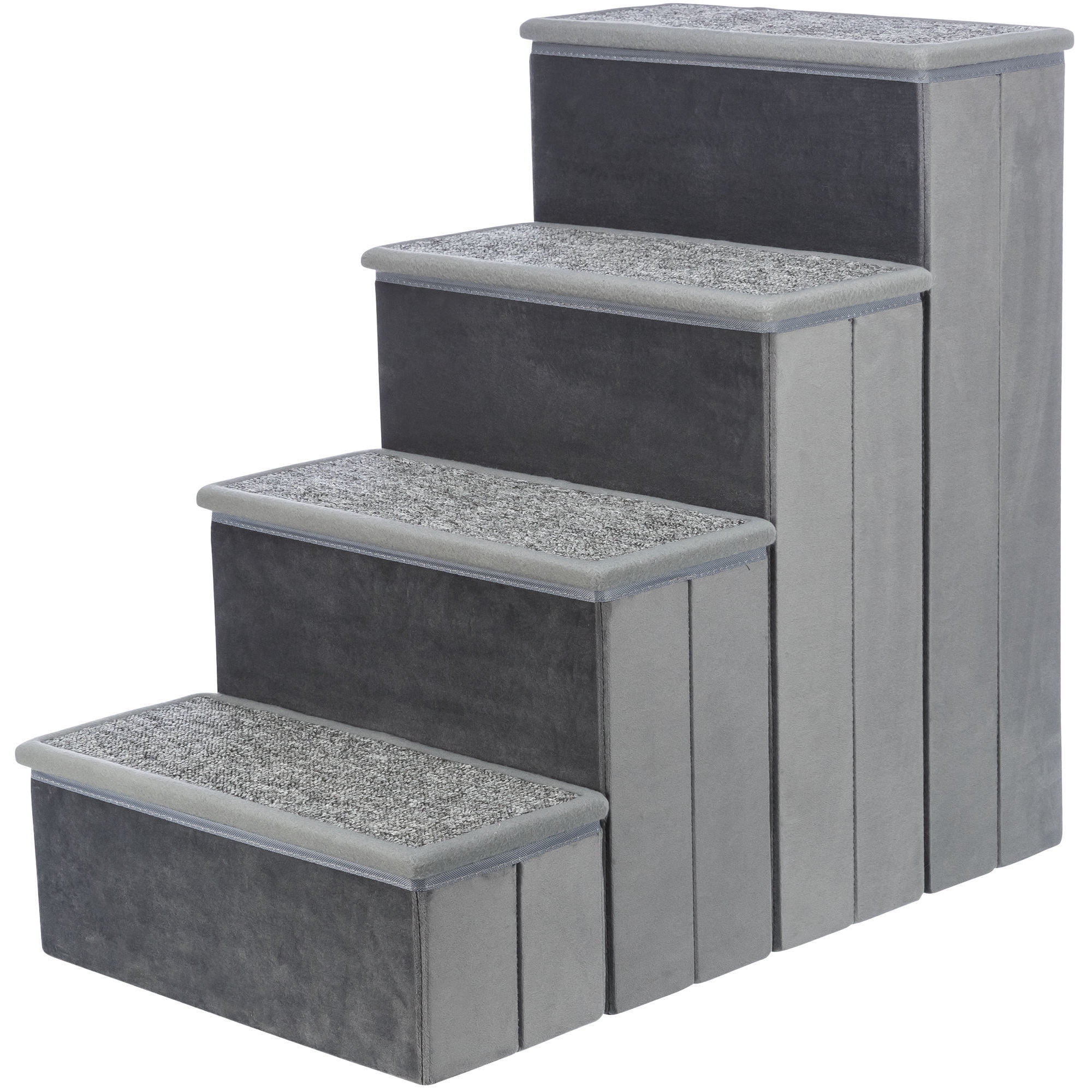 Gray Velour Foldable 4-Step Pet Stairs with Storage