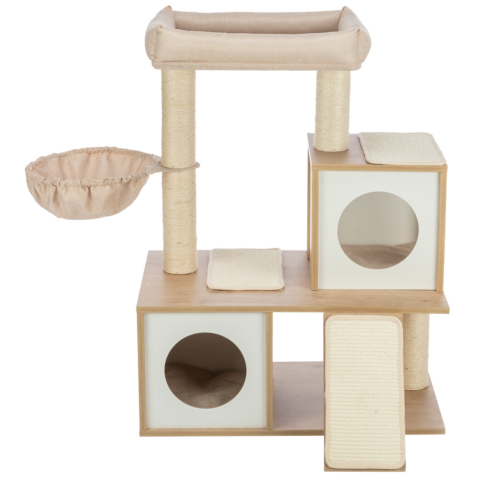 Beige Sisal and Wood Multi-Level Cat Tree with Hammock