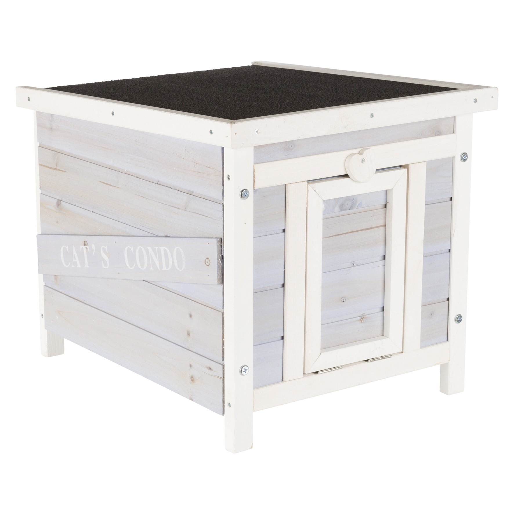 Gray and White Wooden Cat Condo with Hinged Roof
