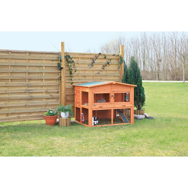 TRIXIE Deluxe Weatherproof Outdoor 2-Story Large Wooden Small Animal Hutch, Run, Tray, Brown