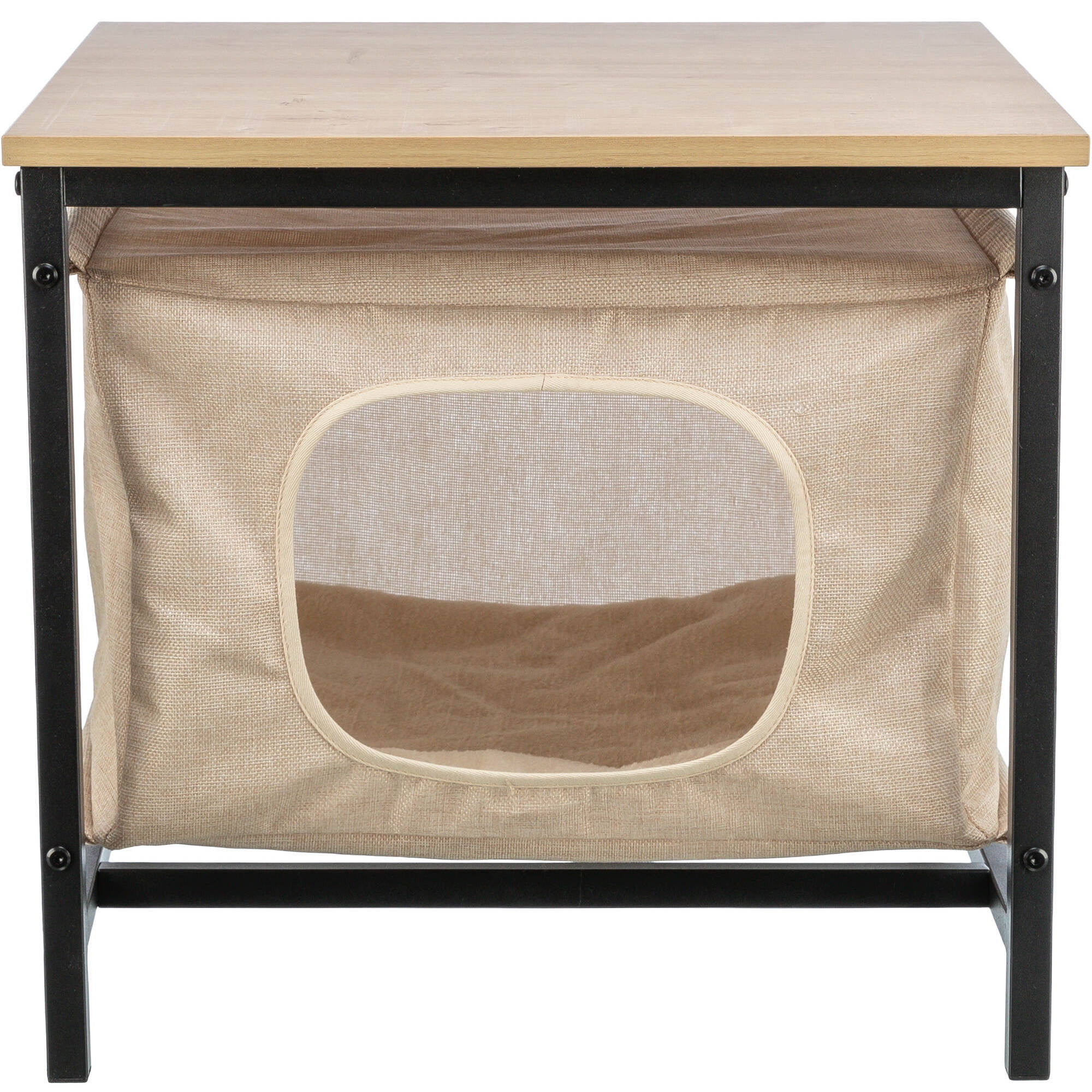 Beige Metal and Fabric Cat Condo Side Table