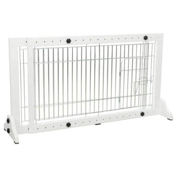 TRIXIE Expandable Wooden Freestanding Pet Gate with Pet Door, Expands to 71" Wide, White