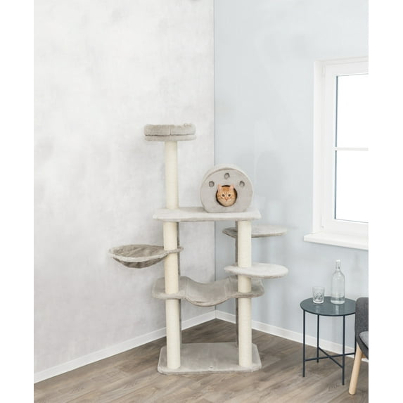 TRIXIE Fabiola Jute & Plush 3-Level 65" Cat Tower with Scratching Posts Condo & Hammocks, Gray