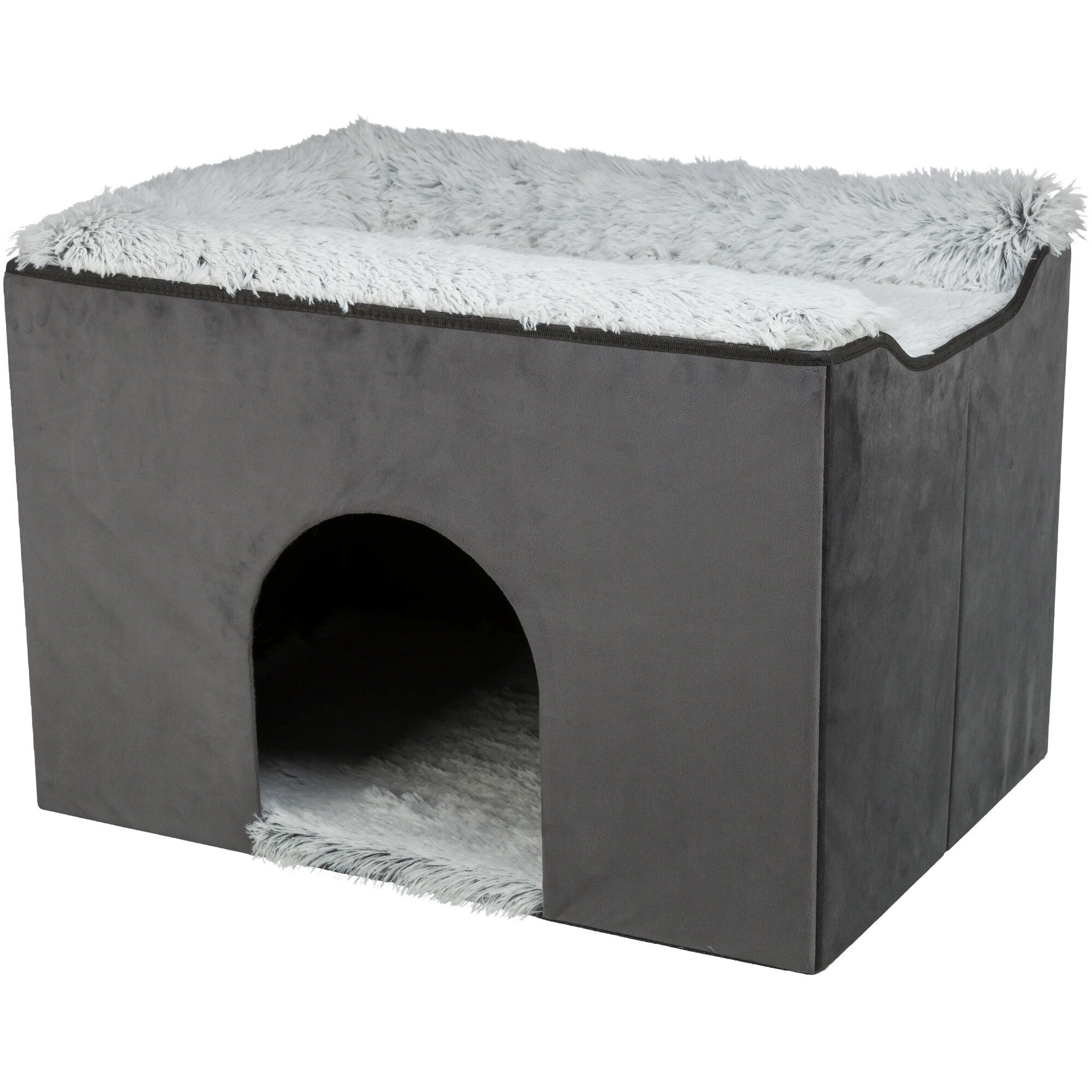 Gray Velour Foldable Pet Condo with Plush Bed