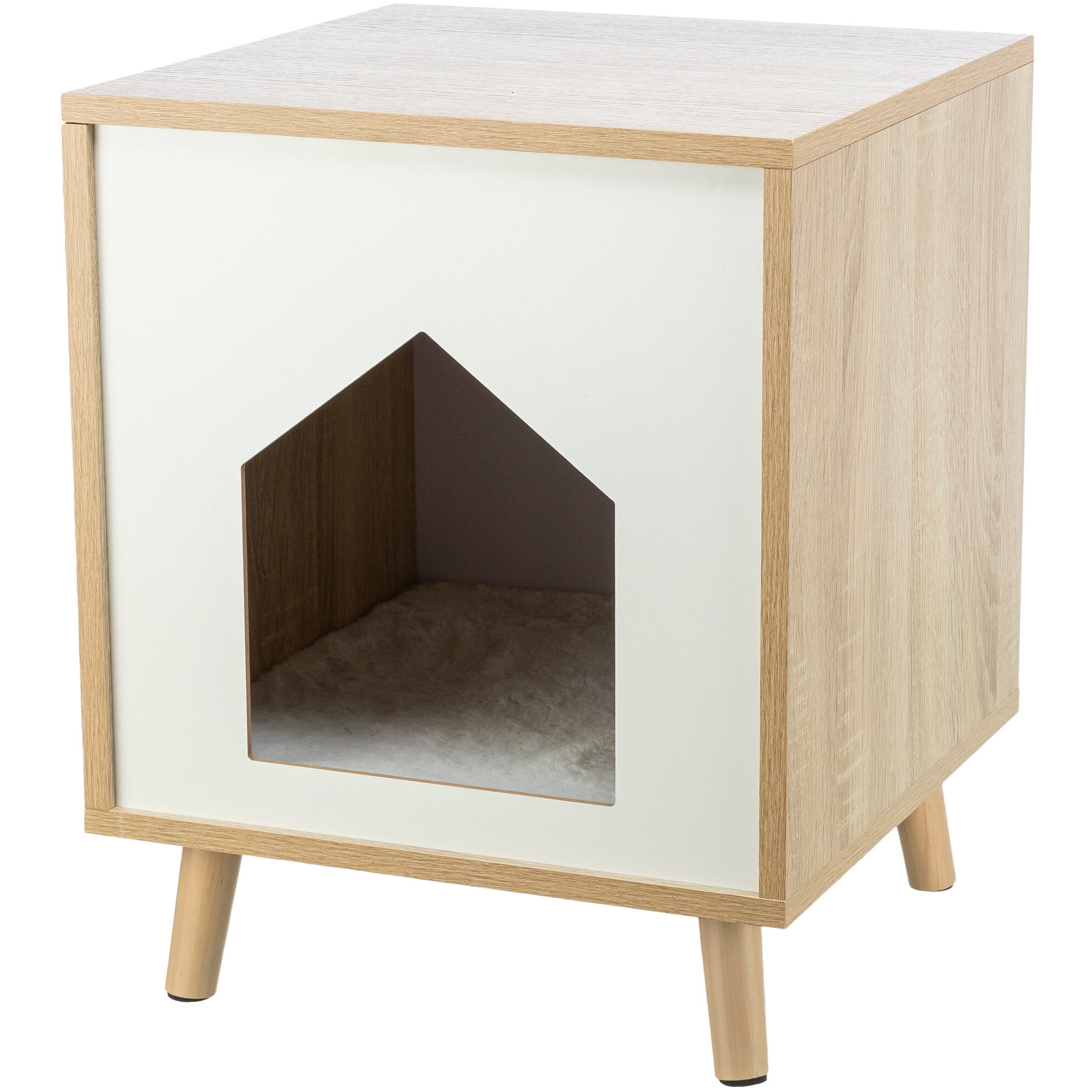 Modern Oak and White Cat Condo Side Table with Cushion