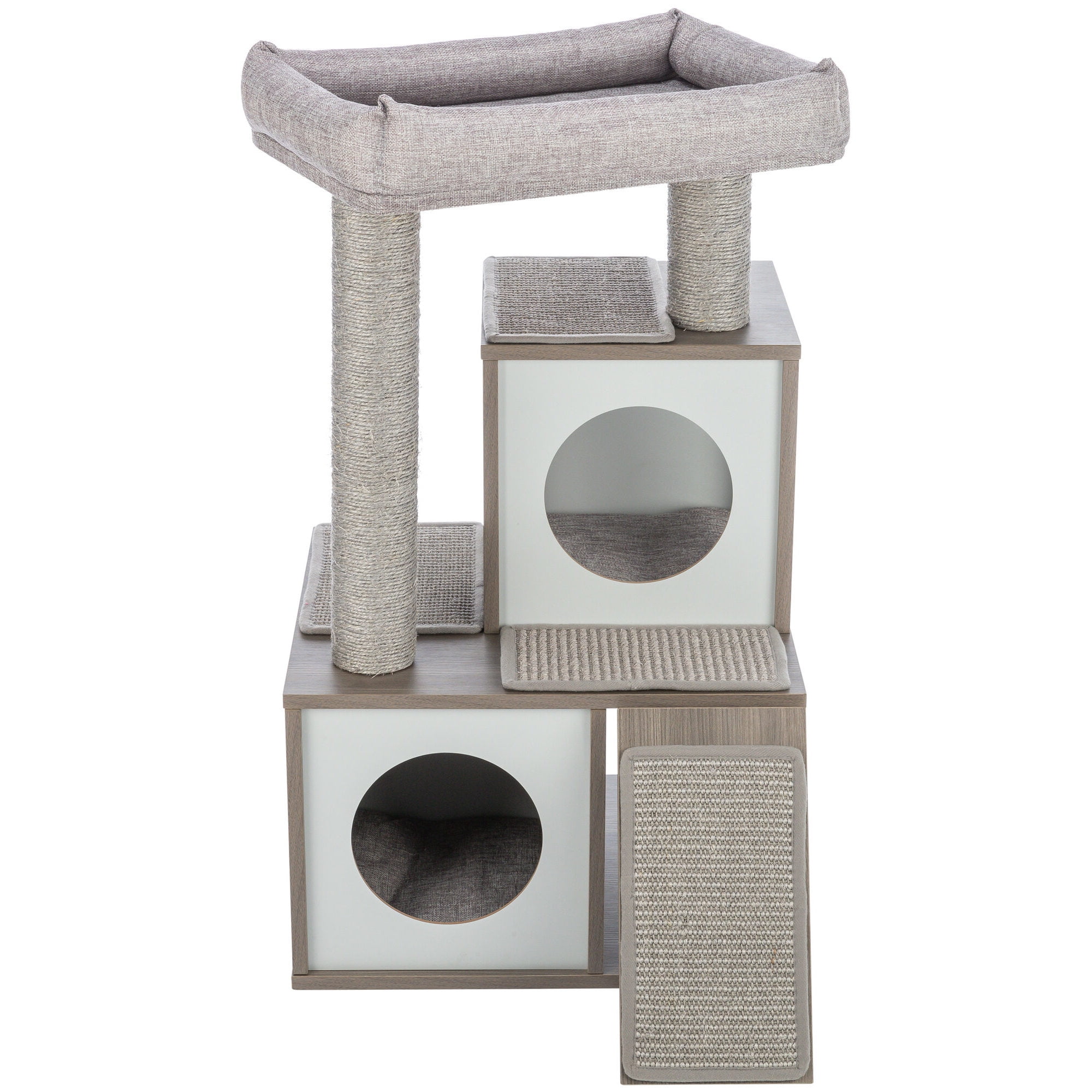 Modern Gray Sisal and Wood Cat Tree with Condos and Ramp