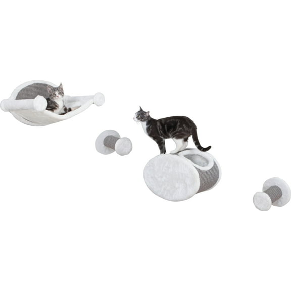 TRIXIE Plush & Sisal Cover Cat Perch with Steps Hammock & Condo, 4 Piece Set, Gray-White