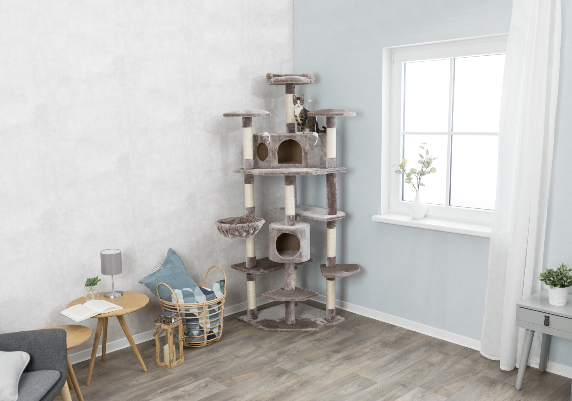 TRIXIE Roma Senior Plush & Sisal 7-Level 70" Cat Tree with Scratching Posts, Platforms & Cat Toys, Gray