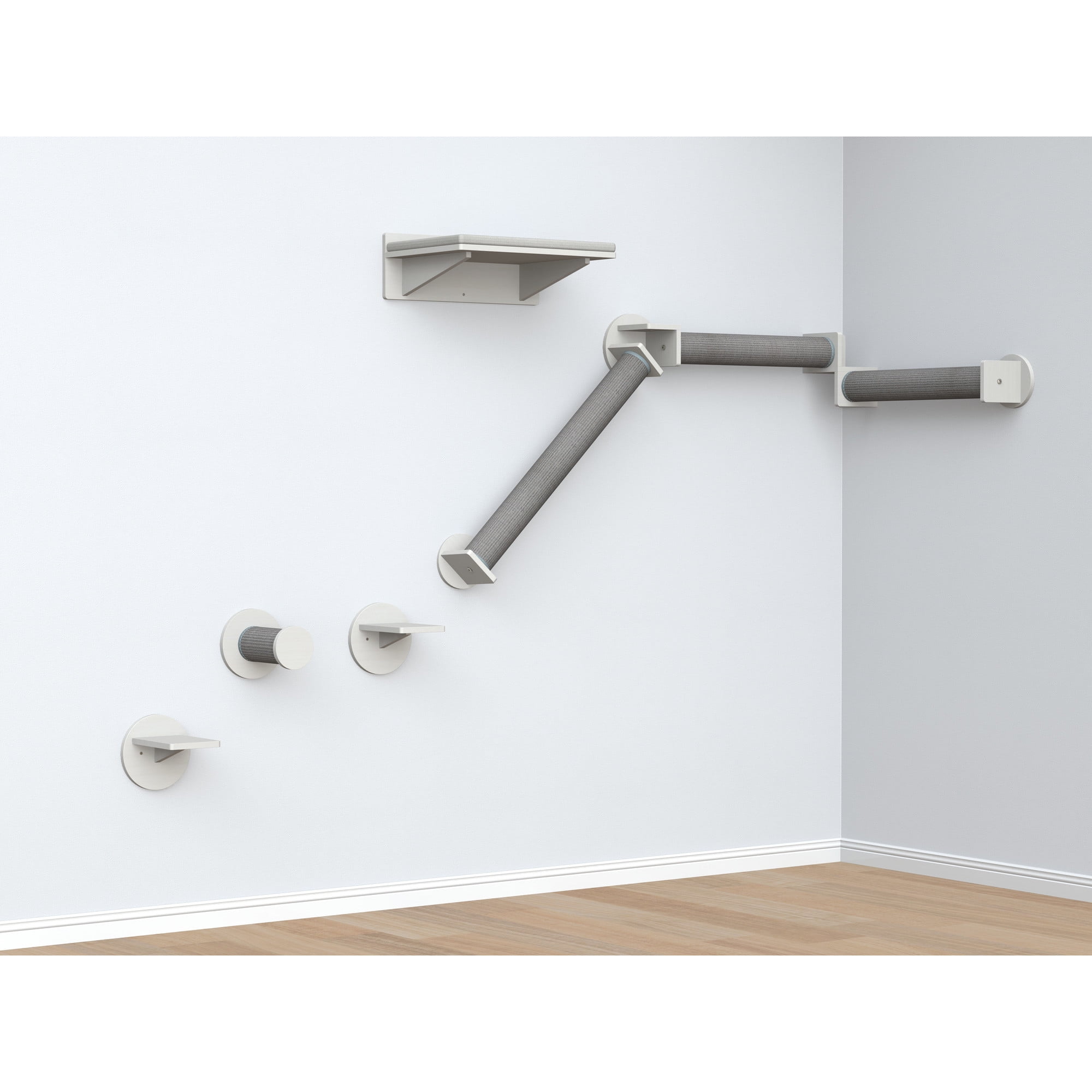 Wall Mounted White and Gray Cat Climbing System with Sisal Posts
