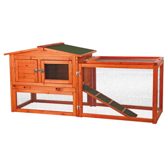 TRIXIE Weatherproof Outdoor 2-Story Wooden Small Animal Hutch, Run & Pull-Out Tray, Brown