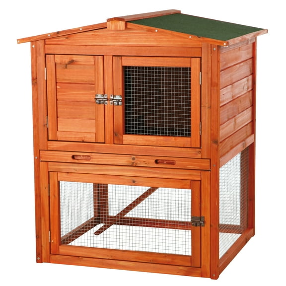 TRIXIE Weatherproof Outdoor 2-Story Wooden Small Animal Hutch with Run & Pull-Out Tray, Brown