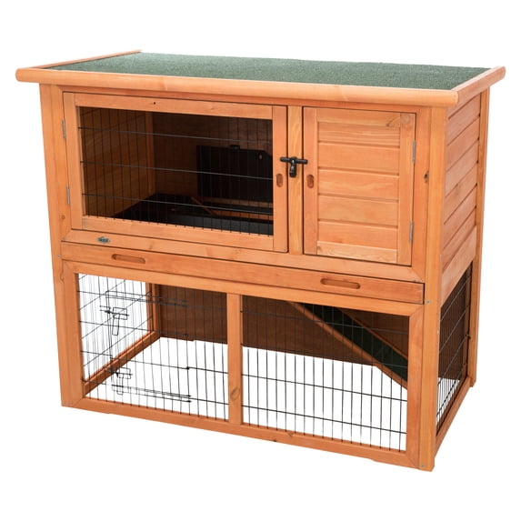 TRIXIE Weatherproof Outdoor 2-Story Wooden Small Animal Hutch with Run & Pull-Out Tray, Brown