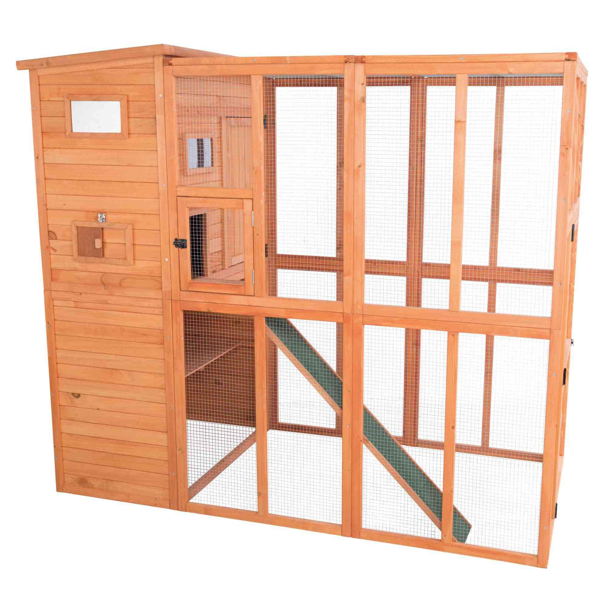 Large Brown Wooden Outdoor Cat House with Ramp