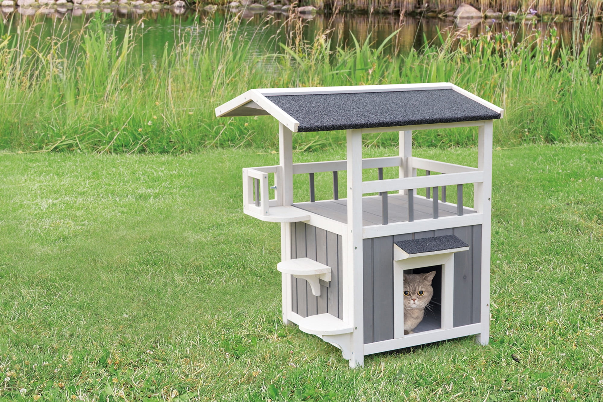 TRIXIE natura 2-Story Raised Floor Small Indoor-Outdoor Cat House with Shaded Balcony, Gray