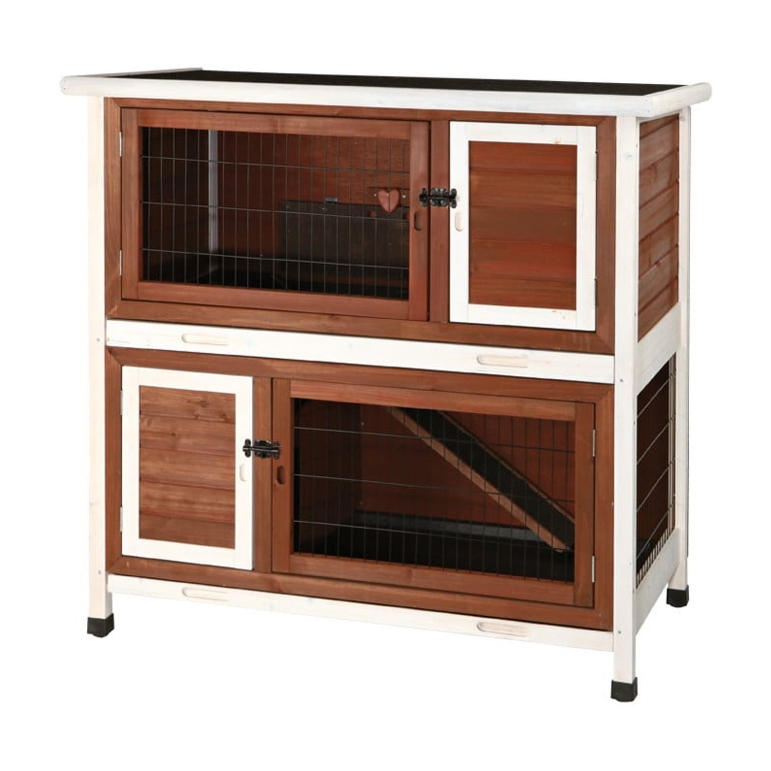 TRIXIE natura Double Weatherproof Outdoor 2-Story Wooden Small Animal Hutch with & Pull-Out Trays & Ramp, Auburn